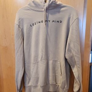 Men's Beige Divided Hoodie with Text Print Size Medium